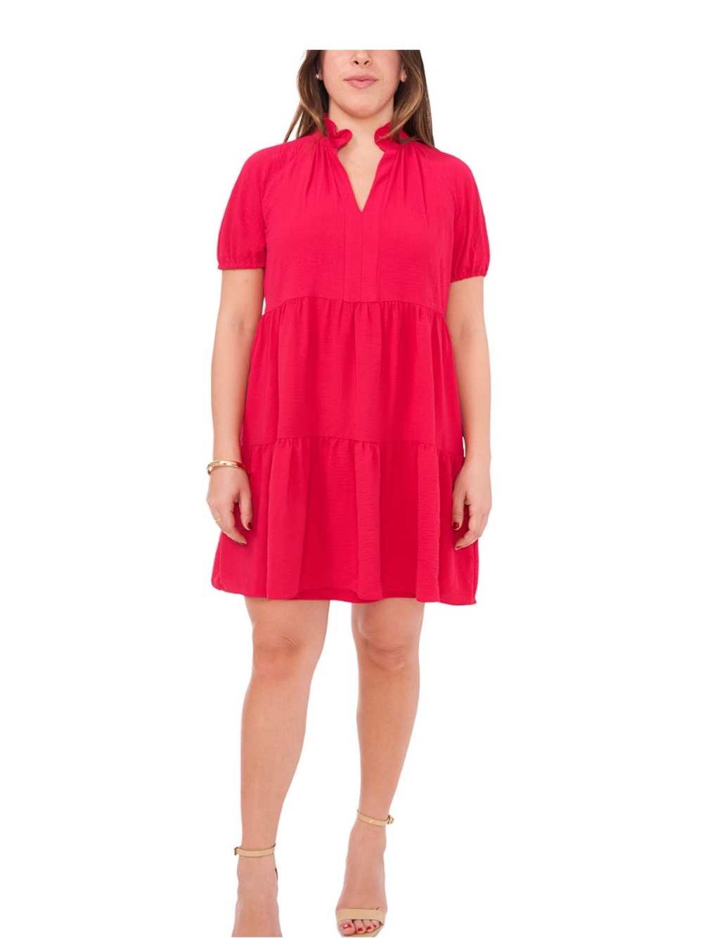 MSK Red Split Neck Tiered Babydoll Dress Size XL Puff Sleeve Ruffle Mini